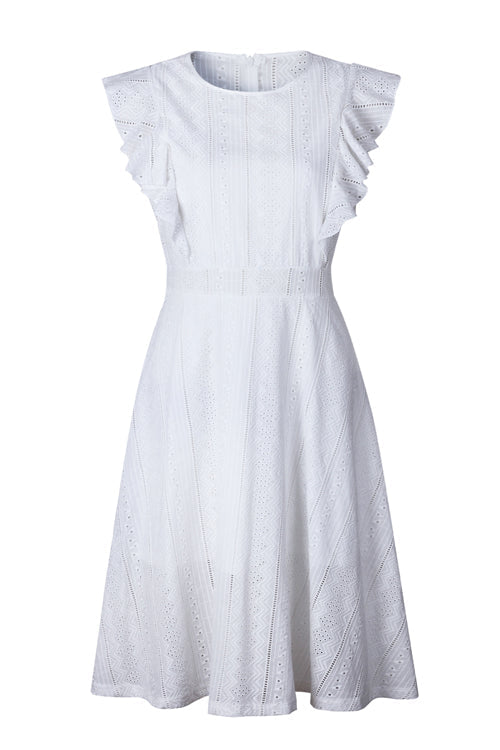 Eyelet Crew Neck Butterfly Ruffle Sleeve A-Line Midi Dress