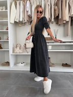 V-neck Short-sleeved Loose-fitting Denim Button-down Long Dress