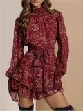 Turtleneck Wood Ear Belts Floral Mini&Short Dresses