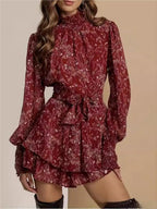 Turtleneck Wood Ear Belts Floral Mini&Short Dresses