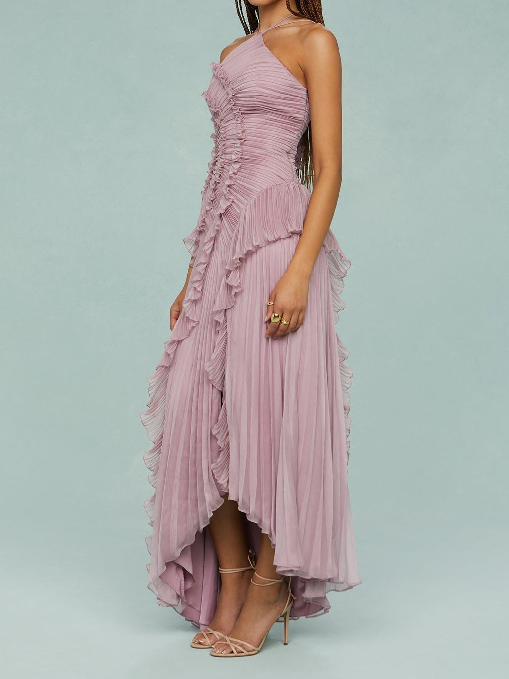 Halter Sunray Pleat Cascading Ruffle Tier High-Low Hem Gown
