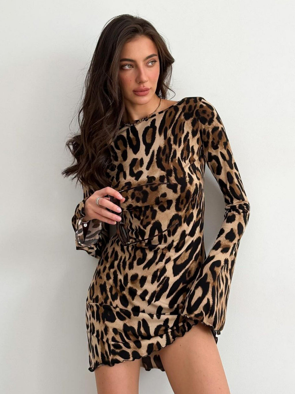 Leopard Print Backless Strappy High-waisted Round Neck Long-sleeved Short Dress