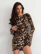 Leopard Print Backless Strappy High-waisted Round Neck Long-sleeved Short Dress