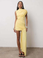 Pleated Ribbon Round Neck Sleeveless Mini&Short Dresses