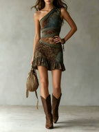 Irregular Ruffle Sloping Shoulders Patchwork Print Mini&Short Dresses