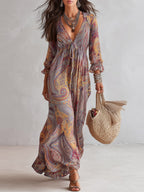 Hippie Style Paisley Print V-neck Vacation Maxi Dresses