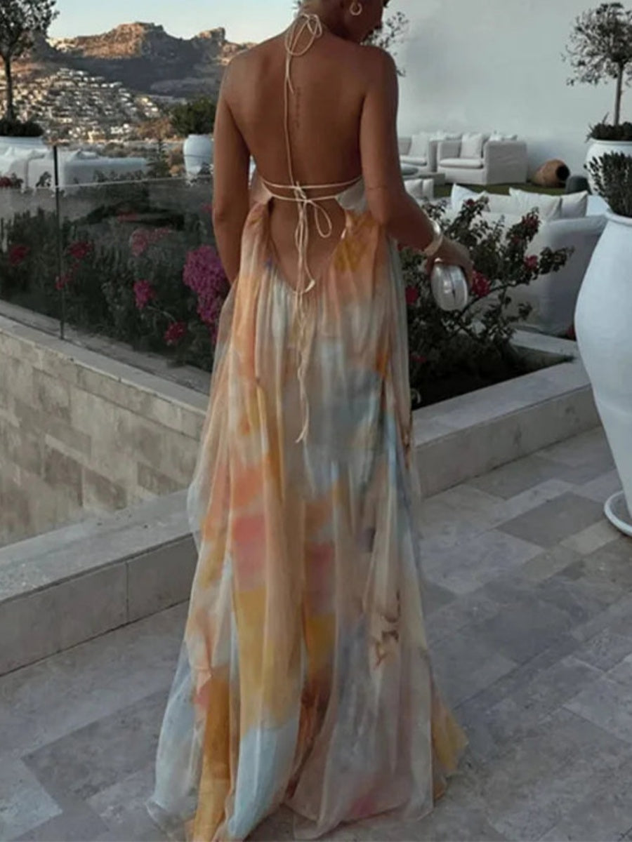 Halter Big Backless Bandage Loose-fit Printed Maxi Dresses