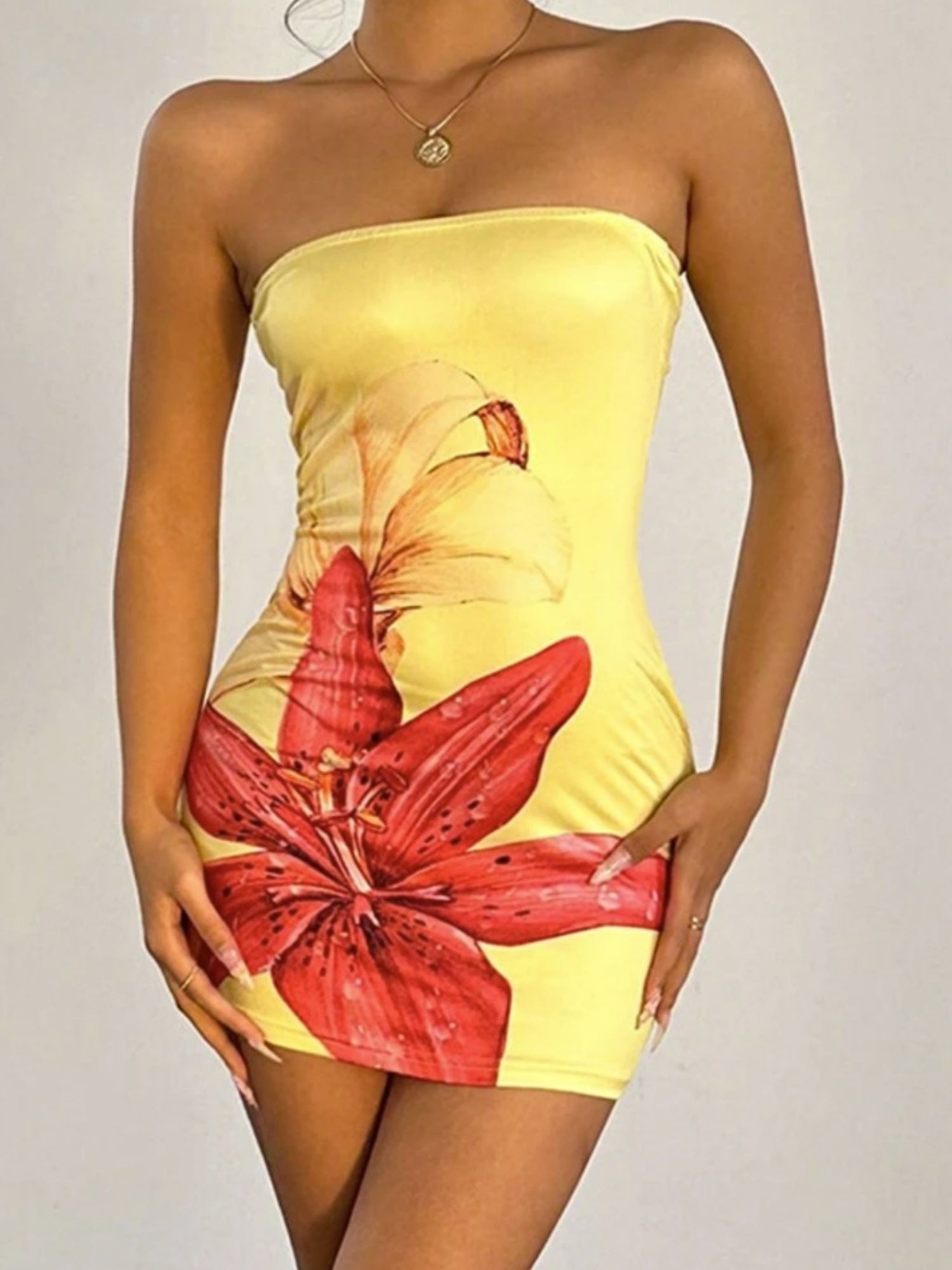 Floral Print Strapless Bodycon Mini&Short Dresses