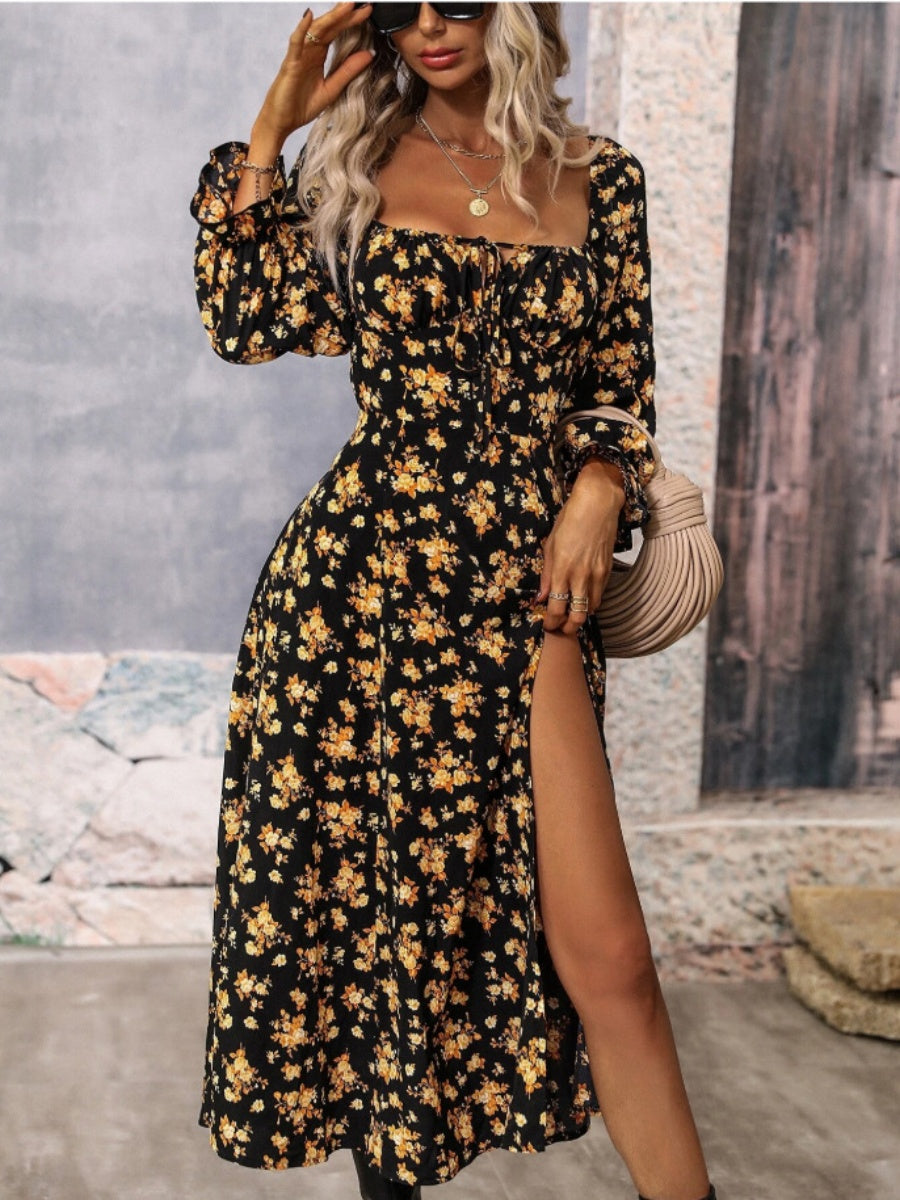 Floral Long Sleeve Square Collar Slit Vacation And Leisure Maxi Dresses