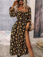 Floral Long Sleeve Square Collar Slit Vacation And Leisure Maxi Dresses