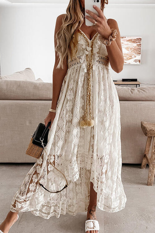 Lace Pom-Pom Drawstring Deep V-Neck High-Low Maxi Dress