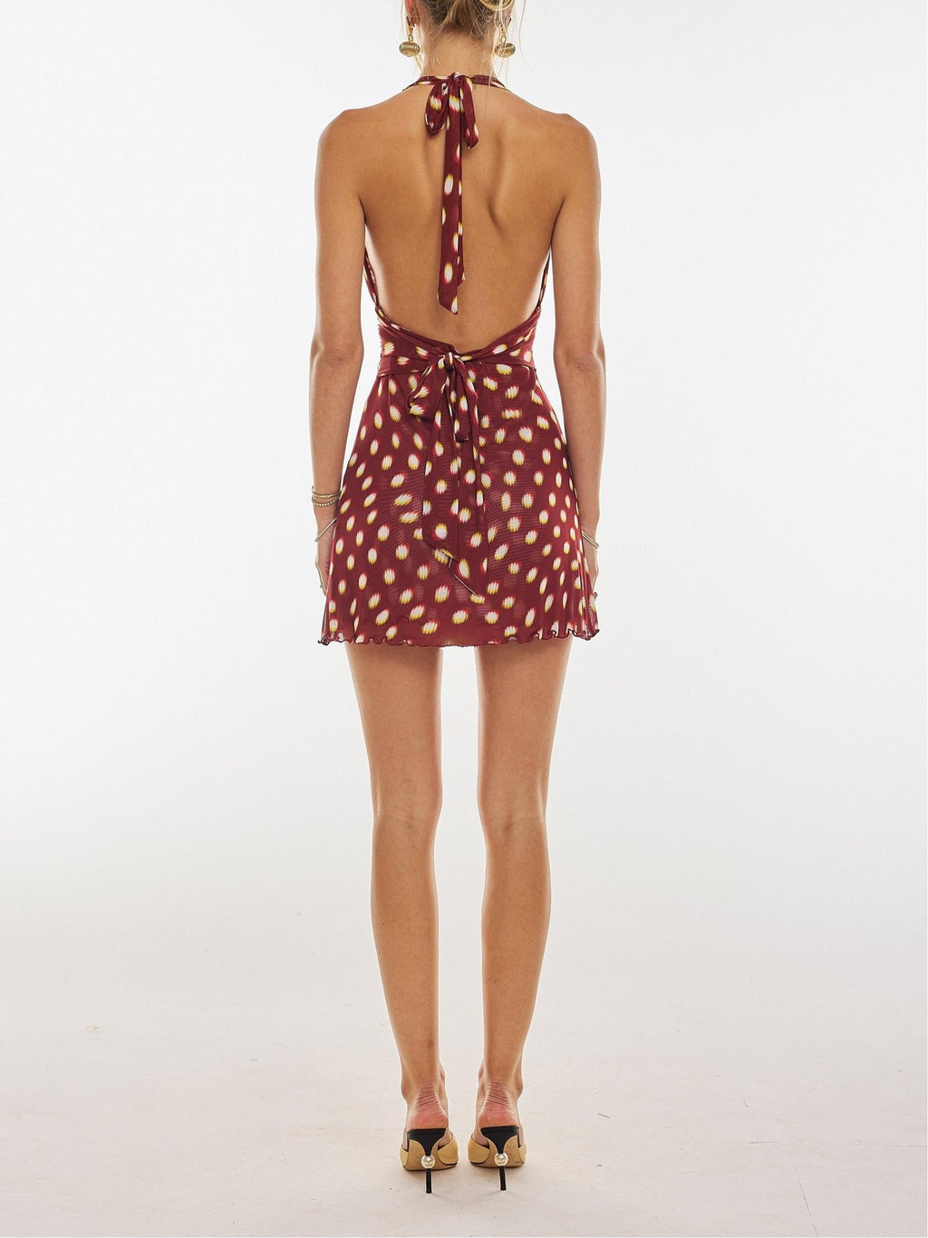 Plunging Halter Neck Ruched Ikat Dot Print Lettuce Hem Bodycon Mini Dress