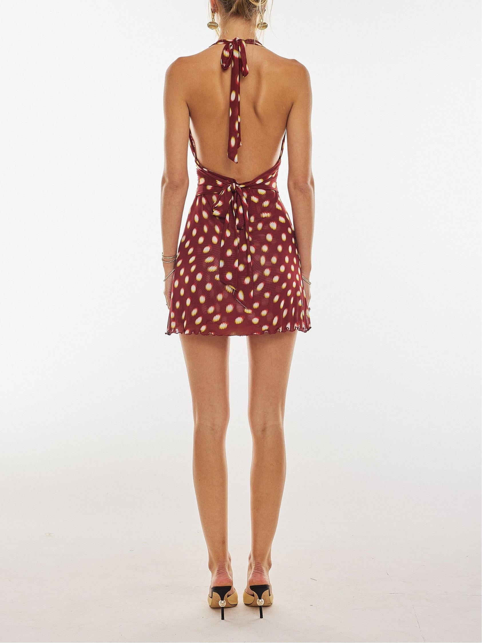 Plunging Halter Neck Ruched Ikat Dot Print Lettuce Hem Bodycon Mini Dress
