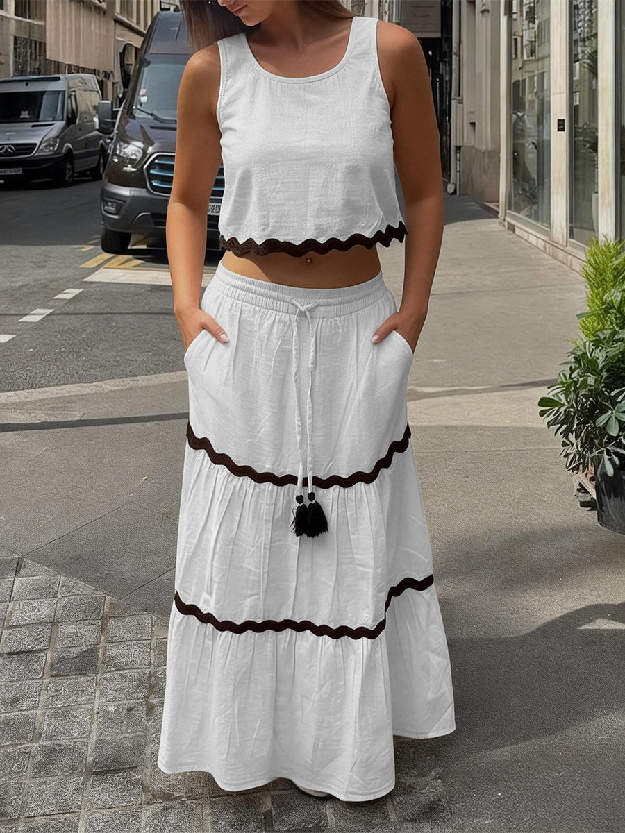 White Vacation Casual Vest Dress Two-piece Set