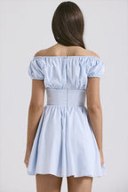Square Neck Puff Sleeve Button Front Corset Bodice Skater Mini Dress