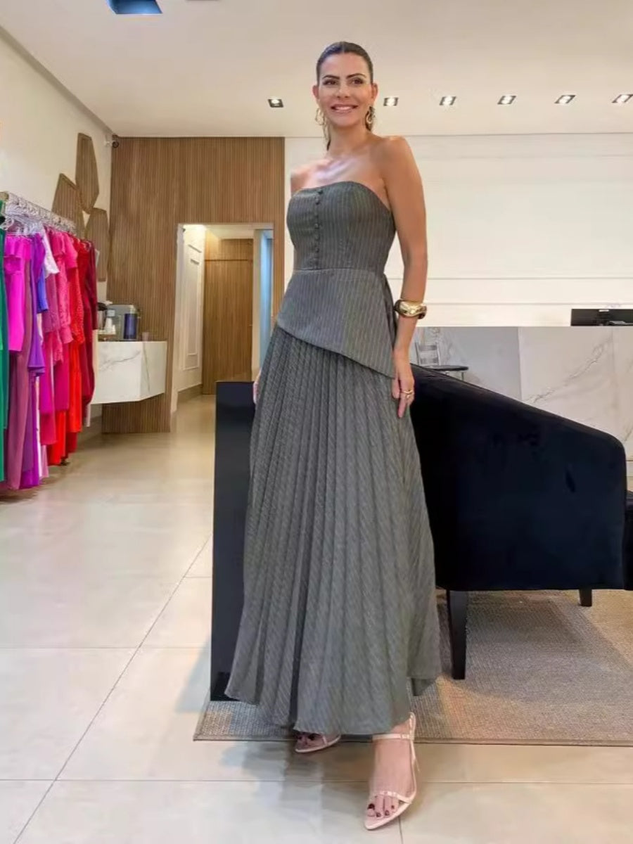 Strapless Irregular Hem Pleated Midi Skirt Temperament Grace Set 2-piece Sets