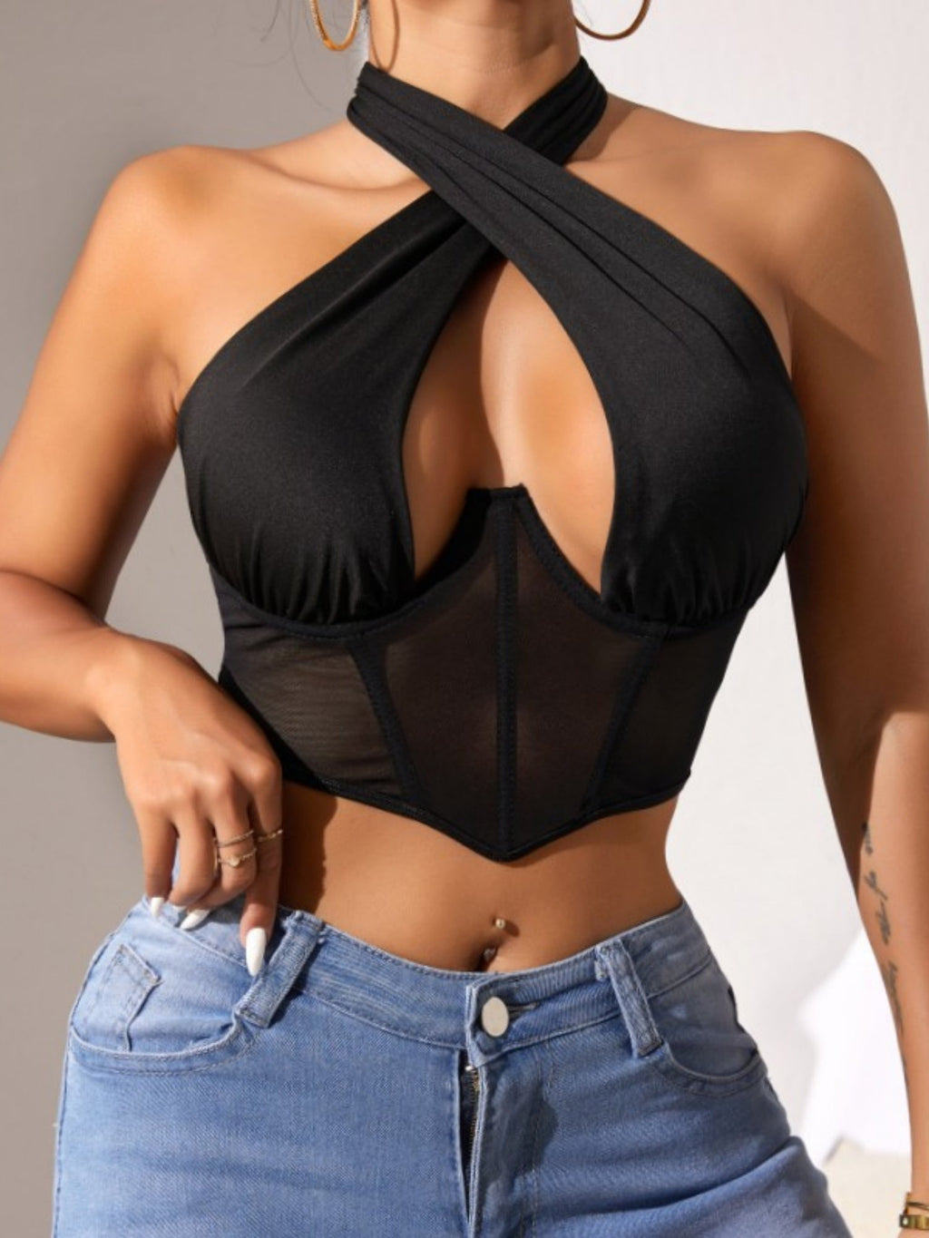 Mesh See-through Cross-neck Steel Ring Fishbone Bra