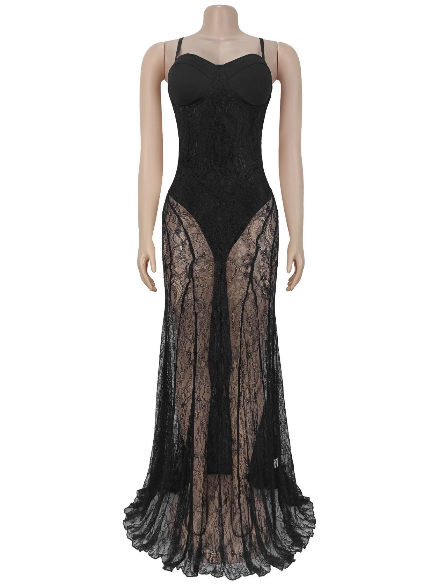 Lace Patchwork Evening Gown See-through Backless Camisoles Maxi Dresses