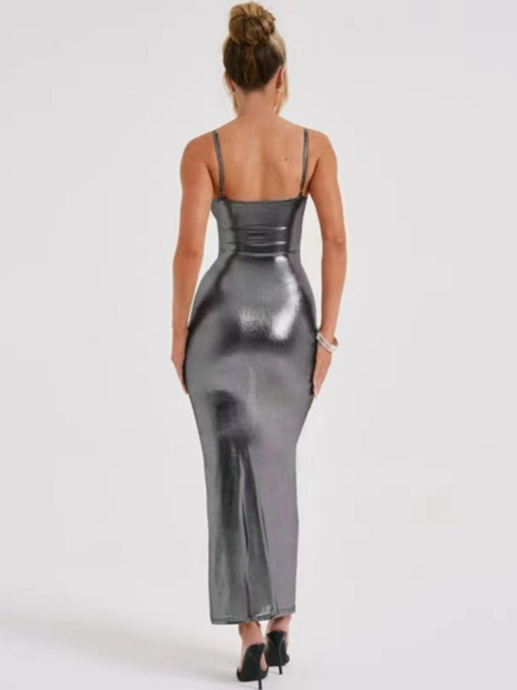 Metallic Gloss Spaghetti Strap Bodycon Maxi Dresses