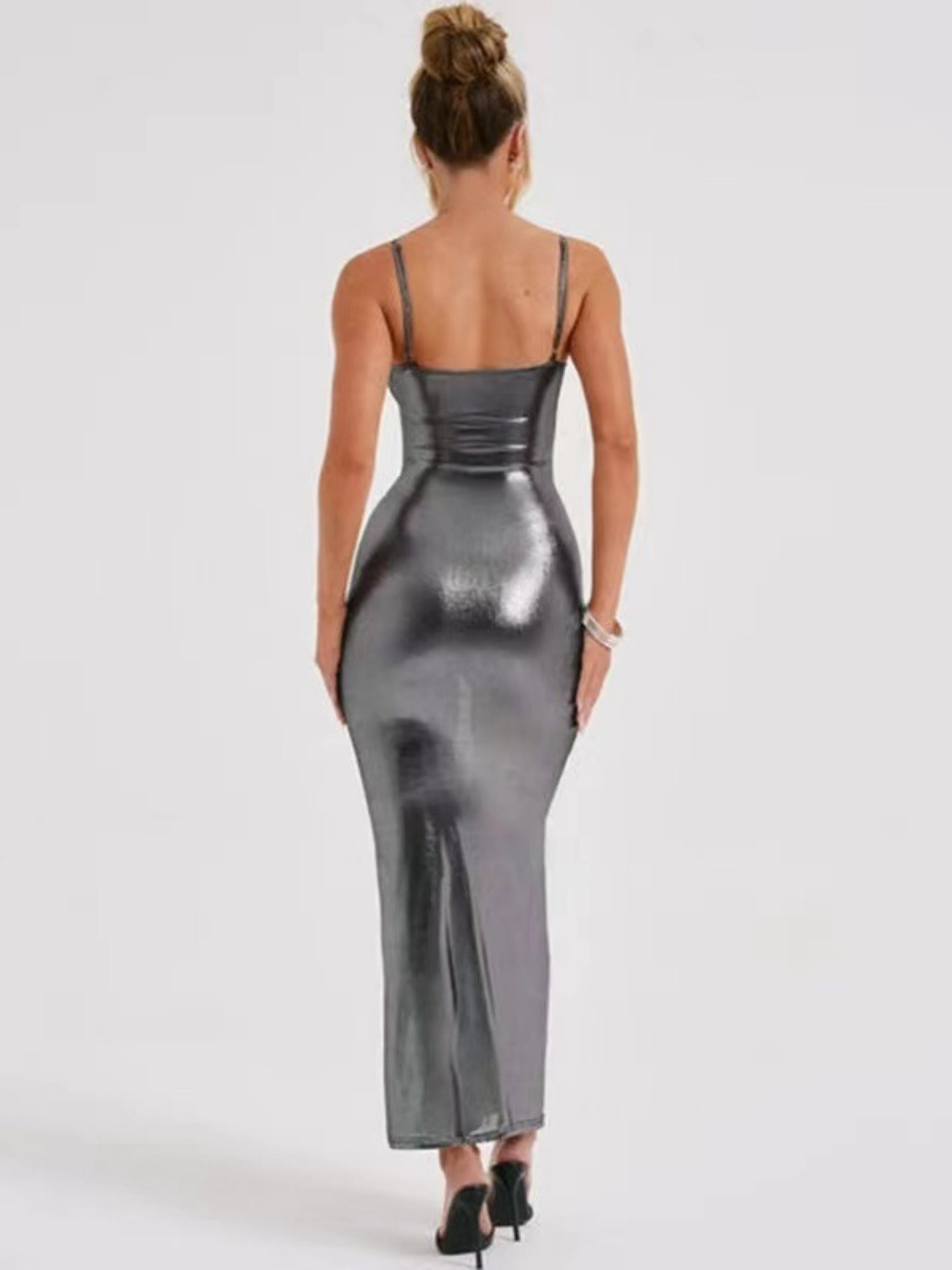 Metallic Gloss Spaghetti Strap Bodycon Maxi Dresses