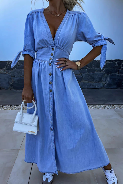 Denim Deep V-Neck Puff Sleeve Button Front Split Midi Dress