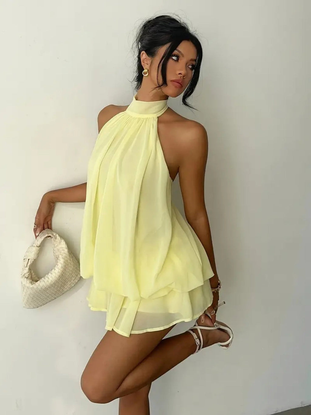 Chiffon Ruffle Halter Neck And Backless Mini&Short Dresses