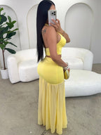 Hollow Out Metal Flowers Halter Top Mesh Splicing Bodycon Skirt 2-piece Sets
