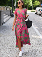 V-Neck Printed Iace Up Dress