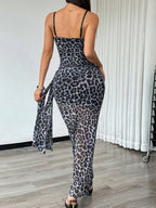 Leopard Print Lace Patchwork See-through Fishbone Pleated Ribbons Maxi Dresses