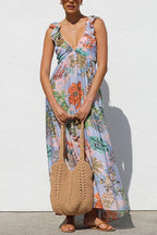 Sleeveless V Neck Floral Print Maxi Holiday Dress