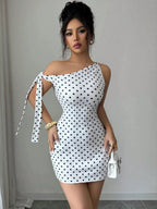 Retro Polka Dots Sloping Shoulders Bandage Hip-hugging Mini&Short Dresses