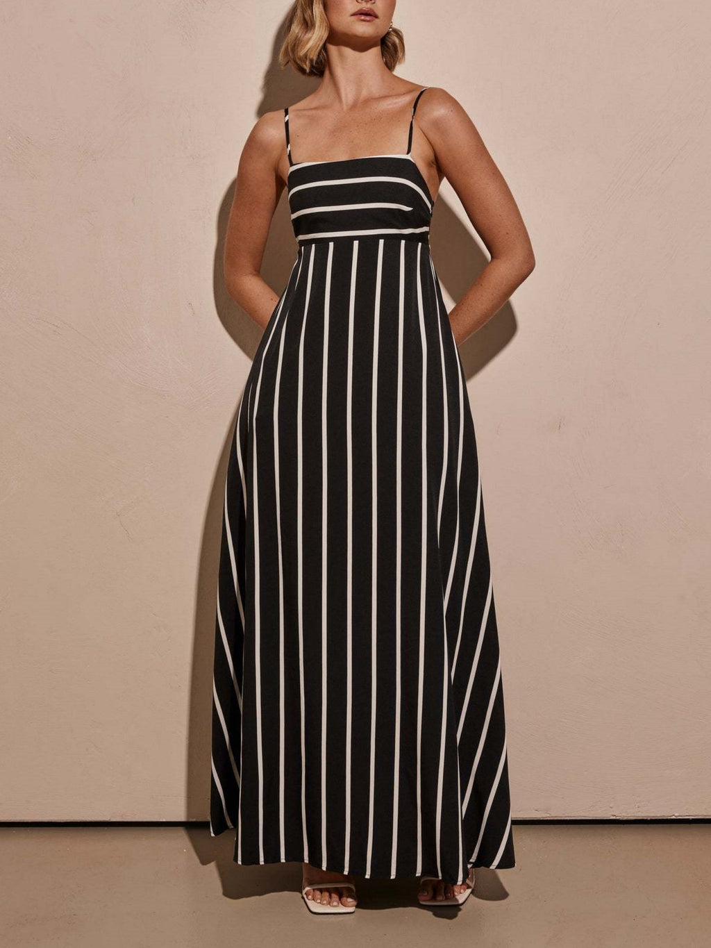 Striped Color Blocking Spaghetti Strap Backless Large Skirt Pockets Maxi Dresses