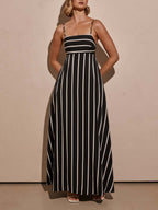 Striped Color Blocking Spaghetti Strap Backless Large Skirt Pockets Maxi Dresses