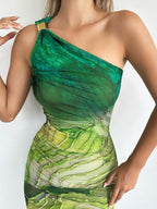 Printed Mesh Sloping Shoulders Maxi Dresses