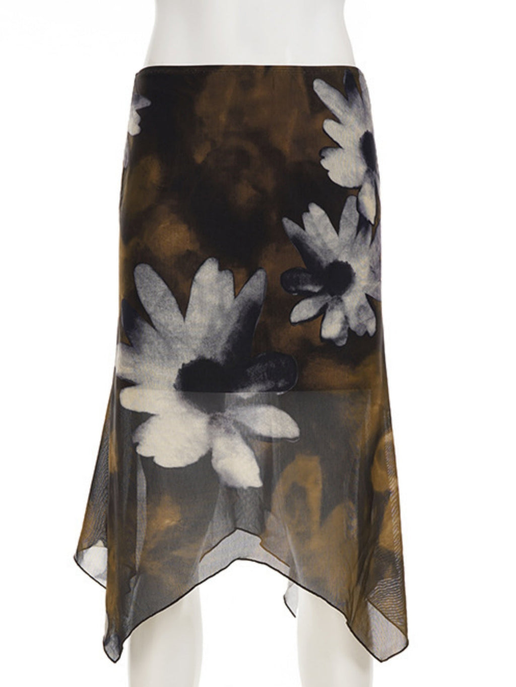 Floral Print Mesh Splicing Irregular Hem Short Skirt