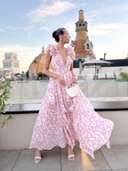 Floral Deep-V Maxi Dress – Shoulder Flower Accent
