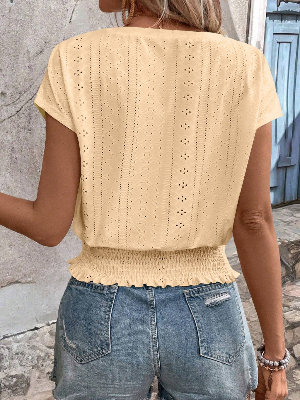 Jacquard Hollow Out Slab V-neck Short Sleeve T-shirts