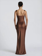 Dark Brown Satin Square Collar Pleated Maxi Dresses