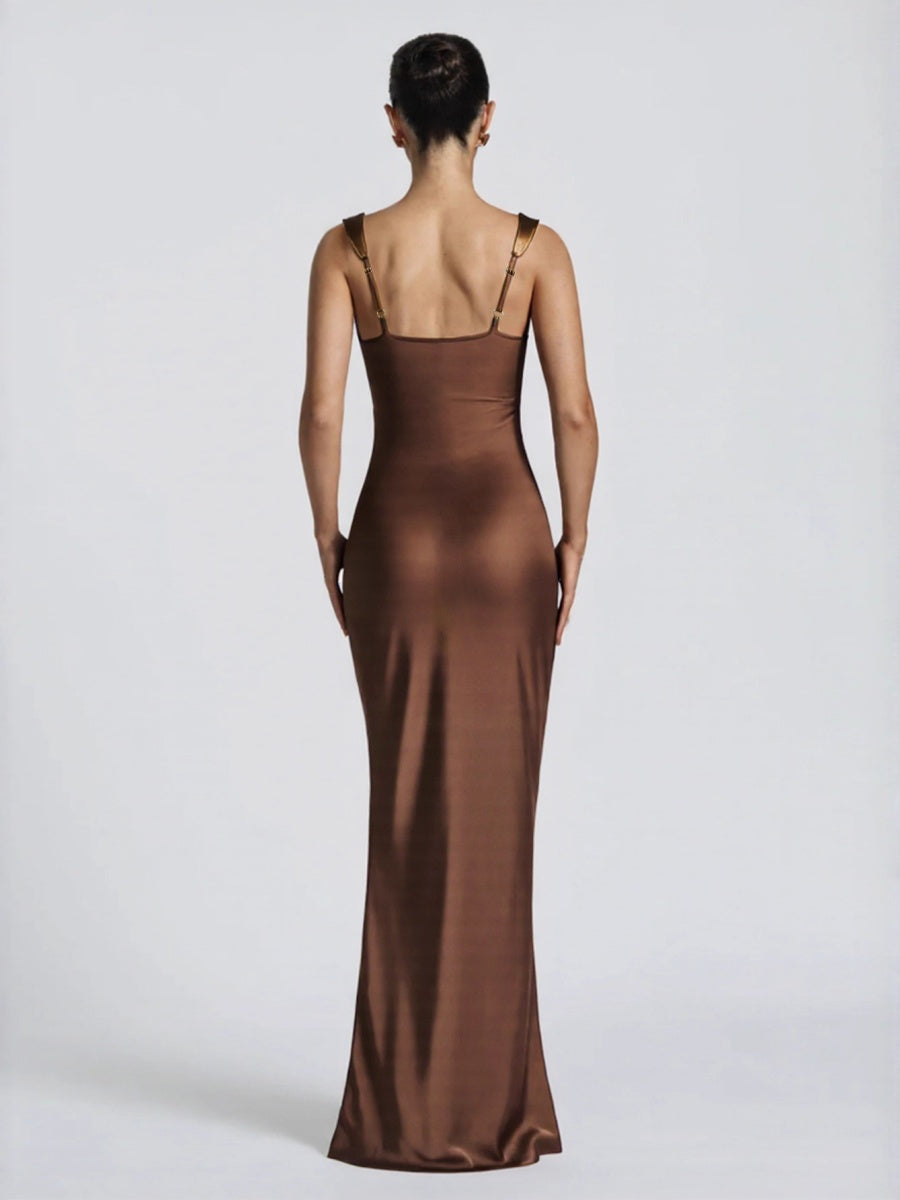 Dark Brown Satin Square Collar Pleated Maxi Dresses