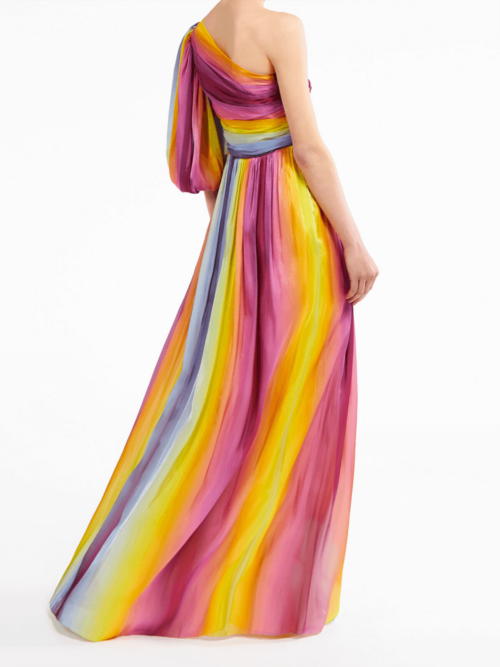 Ombré Stripe Print One Shoulder Puff Sleeve Ruched Bodice High Slit Maxi Dress