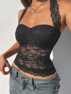 Lace Halter Neck Strap Pleated Backless Tank Tops