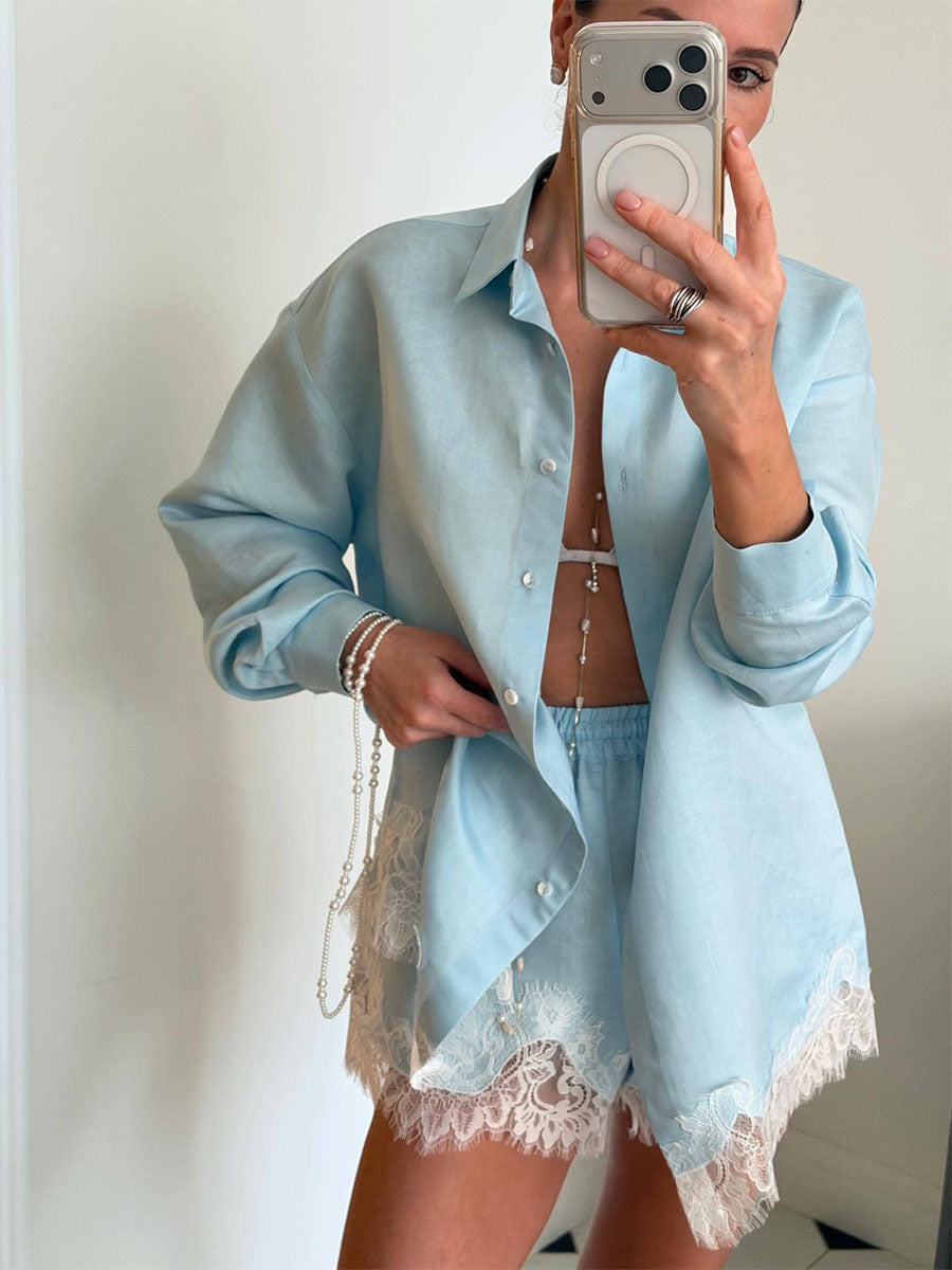 Lace-Trim Resort Shirt & Shorts Set