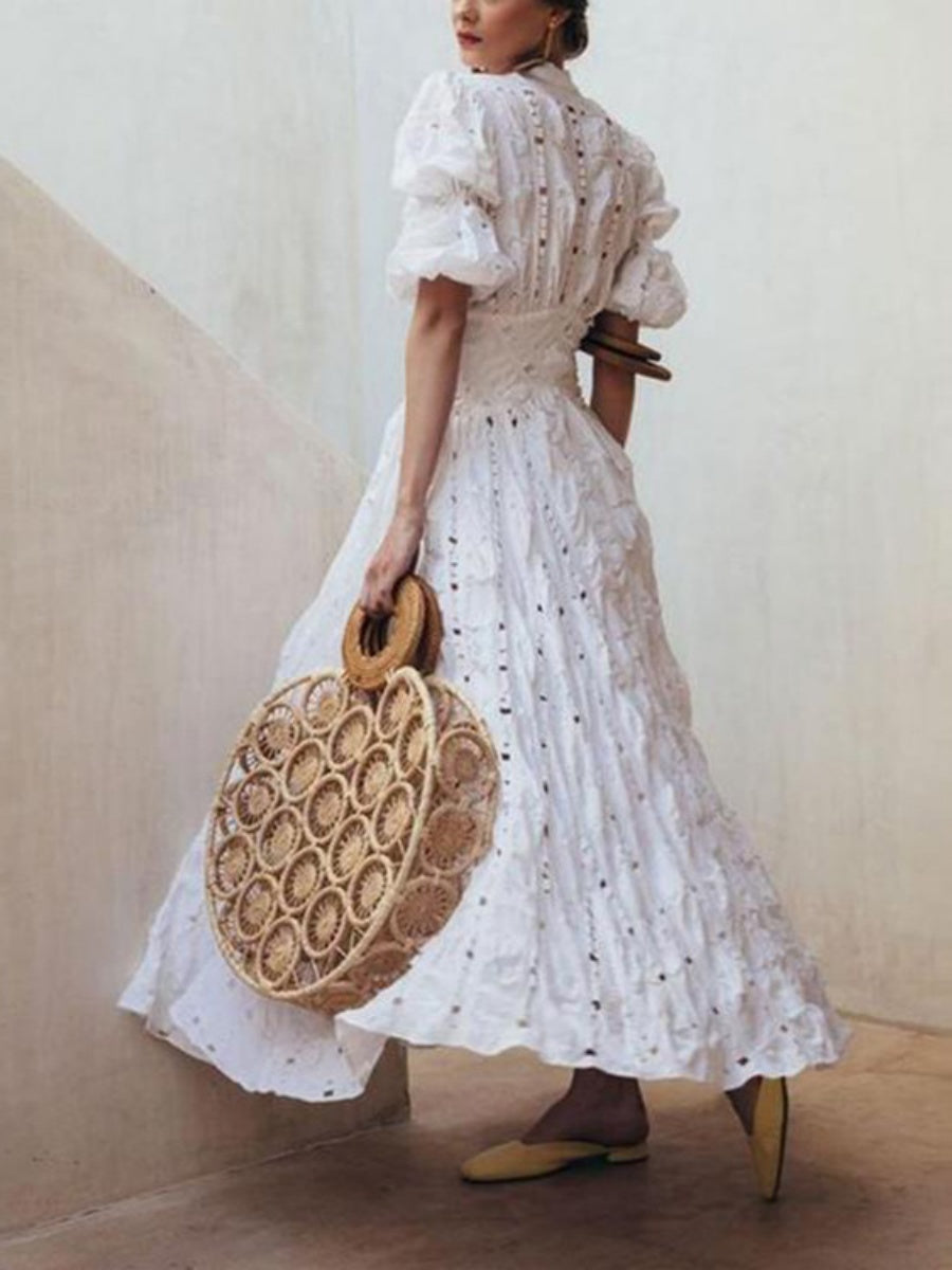 Deep V-neck Puff Sleeve Lace Cutout Long Dress