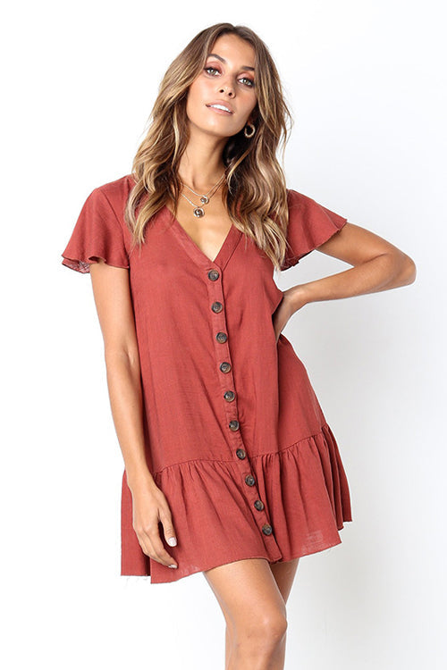 Linen Look V-Neck Button Front Flutter Sleeve Ruffle Hem Mini Dress