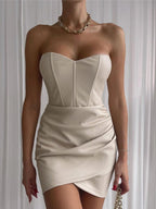 PU Leather Pleated Strapless Mini&Short Dresses