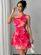Printed One-shoulder Asymmetrical Neckline Waist-cinching Pleats Mini&Short Dresses