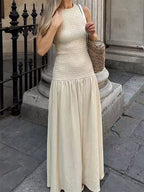 Light Apricot-colored Vacation-style Round Neck Sleeveless Cinched Long Dress