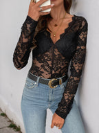 Openwork Lace V-neck Long-sleeved Inner Layer Tight Bodysuits