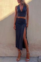 Deep V Neck Sleeveless Crop Top Drawstring Side Split Skirt Set