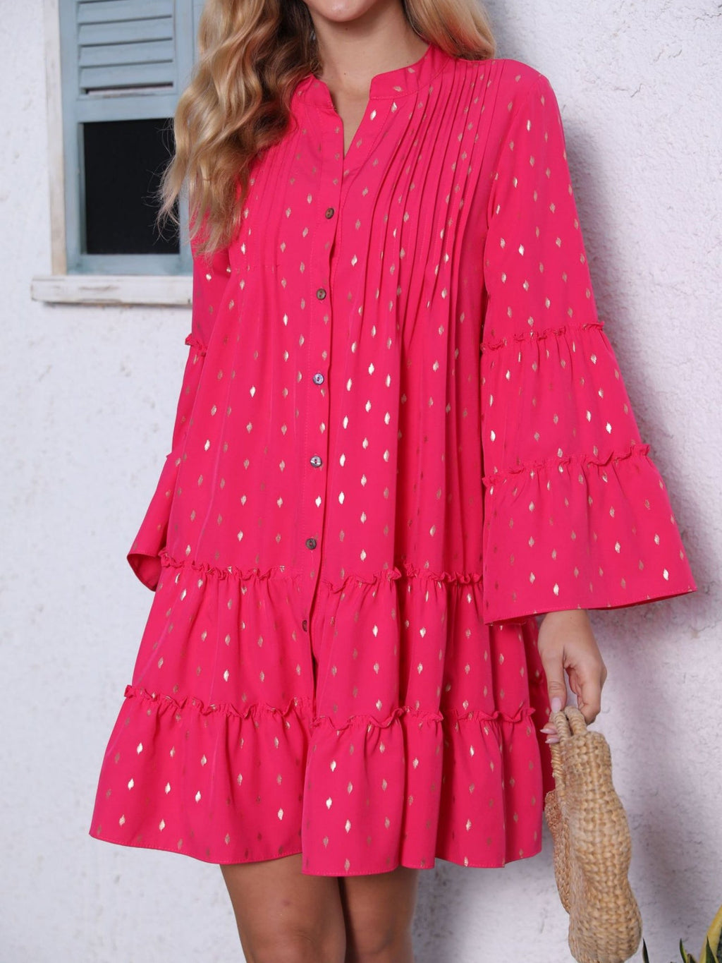 Hot Stamping Crimp  Flare Sleeve Buttons Mini&Short Dresses